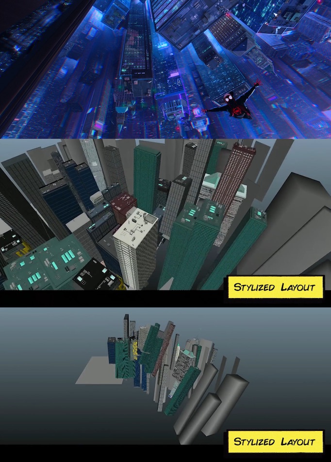 Кадр из фильма и то, как для него на самом деле были выстроены здания в 3D-модели