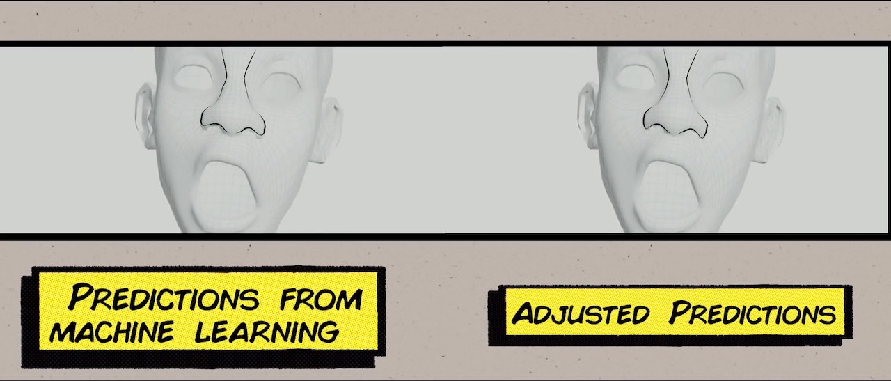 Слева — предсказанное положение линий на модели, справа — откорректированное. На левой стороне носа линии получились слишком детальными и аниматор спрямил их.