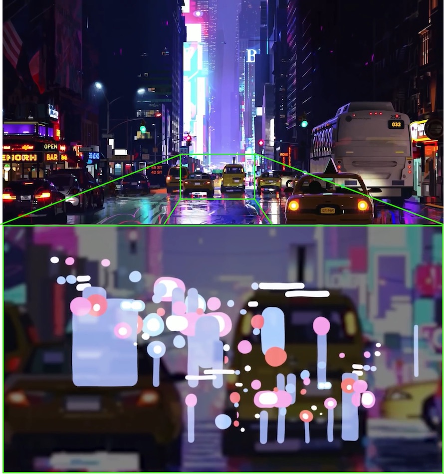 Фоновые детали (огни города и машины на улицах) имитируется цветными пятнами